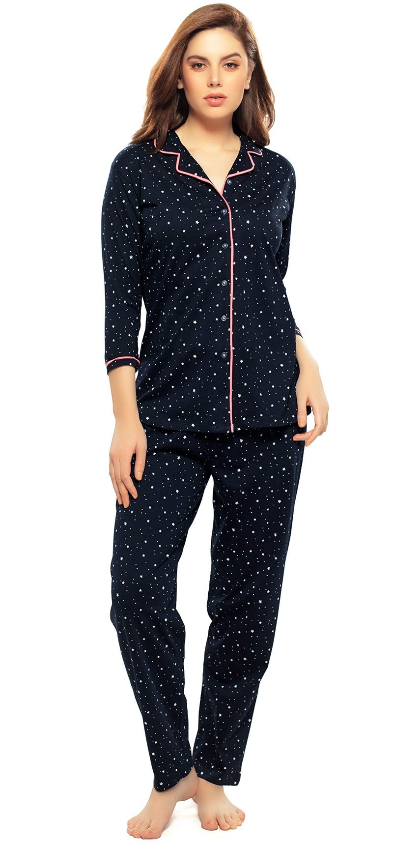 ZEYO Women's Cotton Star & Dot Printed Navy Blue Night Suit Set Of Shirt & Pajama Set 5155, X-Large - Image 1