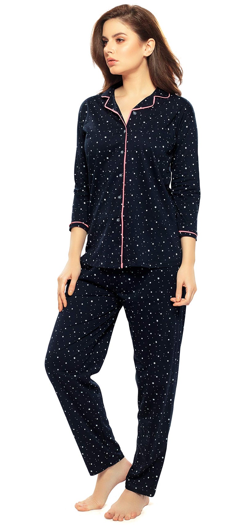 ZEYO Women's Cotton Star & Dot Printed Navy Blue Night Suit Set Of Shirt & Pajama Set 5155, X-Large - Image 4