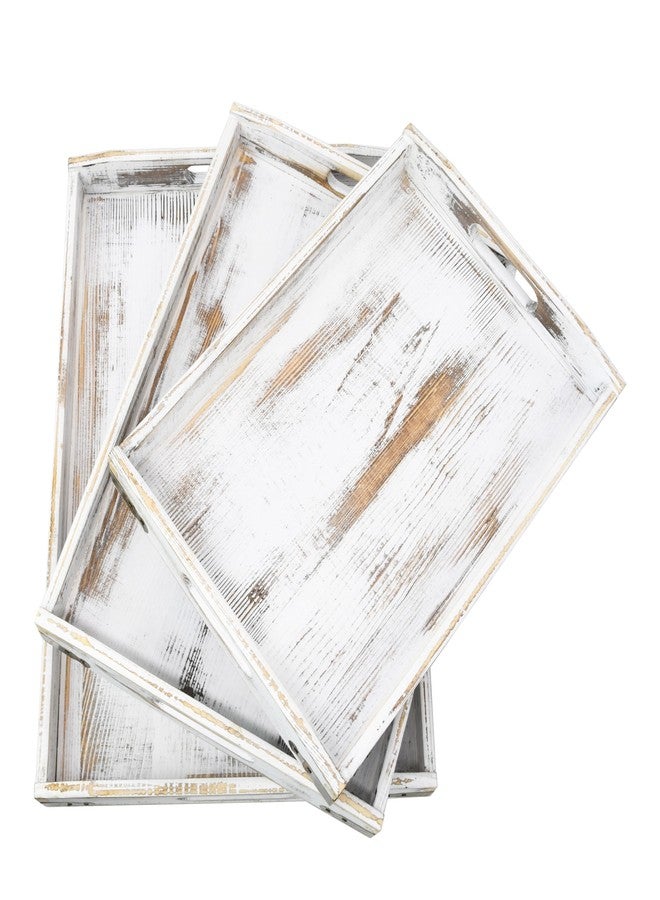 Owlgift Rustic White Wood Serving Trays with Brass Metal Wrap Accents, Set of 3 - Image 1
