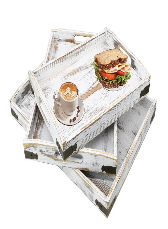 Owlgift Rustic White Wood Serving Trays with Brass Metal Wrap Accents, Set of 3 - Image 2