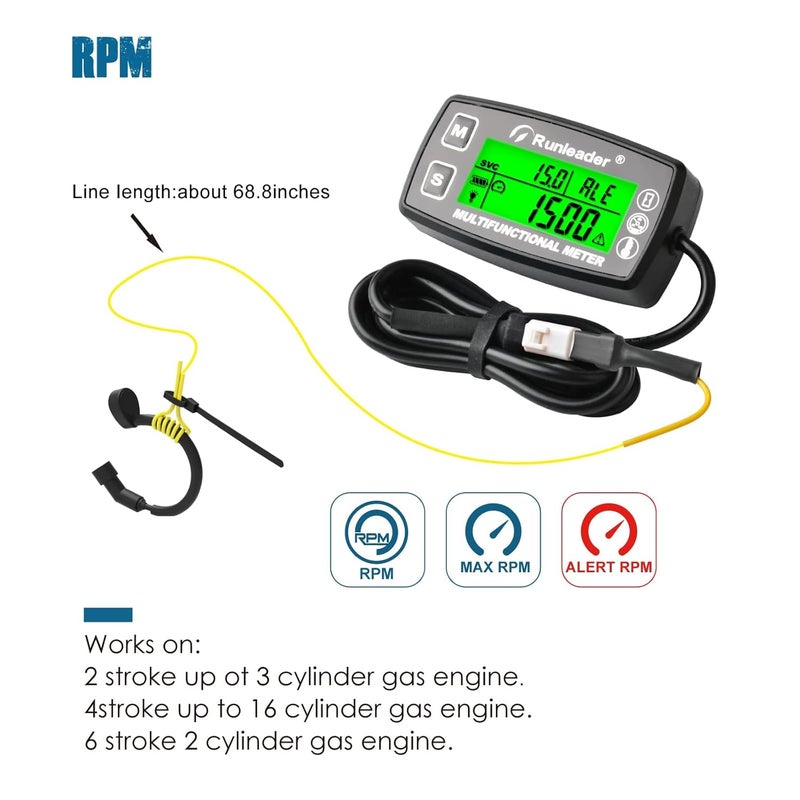Runleader Digital Tach Hour Meter with Engine Water Oil Temperature Gauge and RPM Alert - Image 3