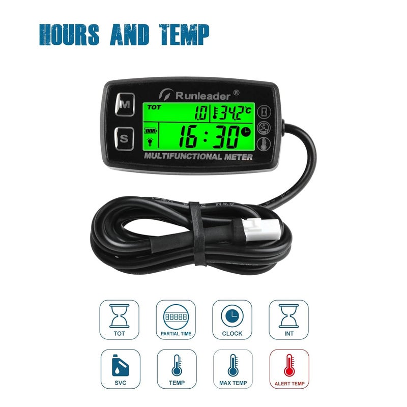 Runleader Digital Tach Hour Meter with Engine Water Oil Temperature Gauge and RPM Alert - Image 2