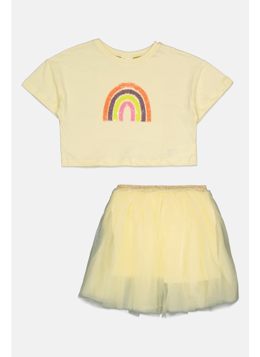 MISS Kids Girl 2 Pieces Sequin T-Shirt and Skirt Set, Yellow  - Image 1