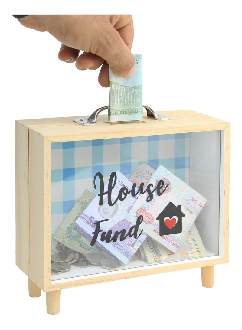 VITION Piggy Bank for Adults, Money Box Coin Money Bank Decorative Shadow Box Wooden Frame Natural Wood (House Fund) - Image 1