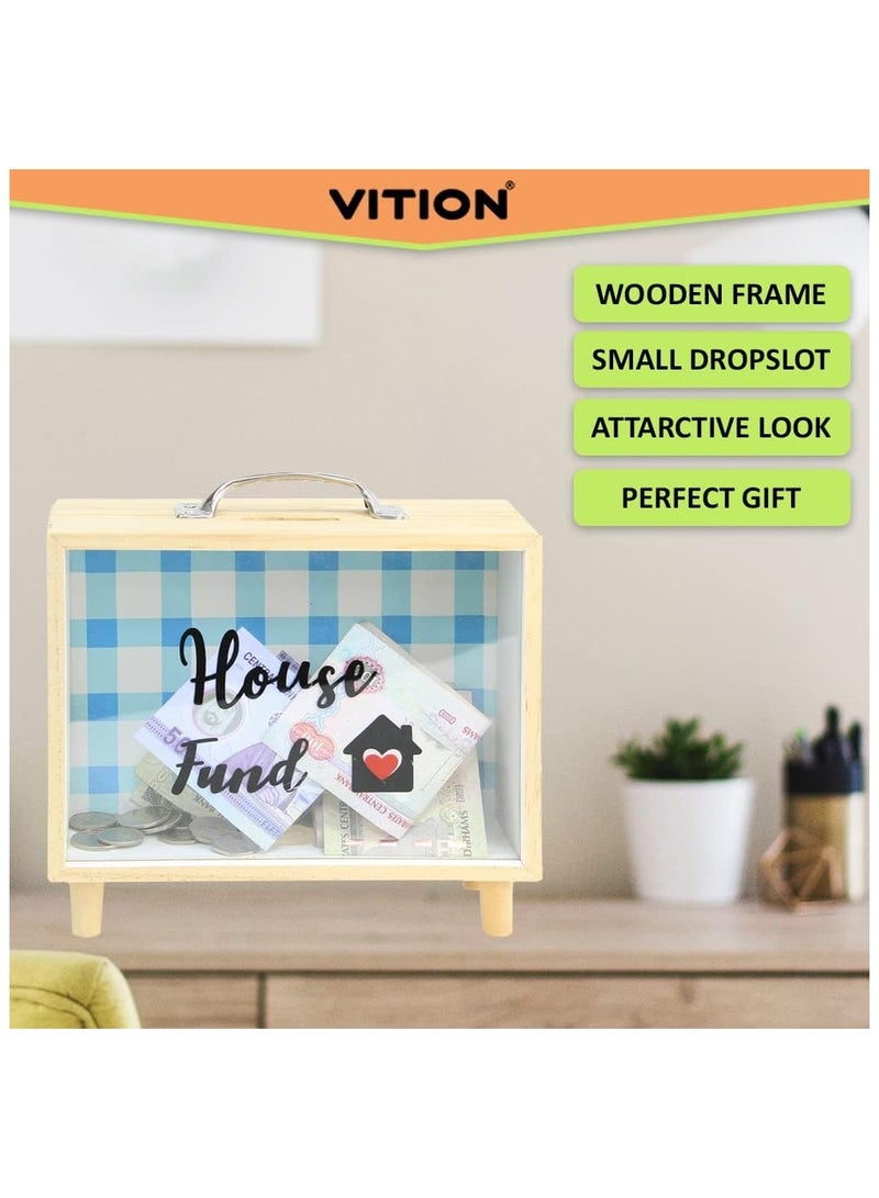 VITION Piggy Bank for Adults, Money Box Coin Money Bank Decorative Shadow Box Wooden Frame Natural Wood (House Fund) - Image 2