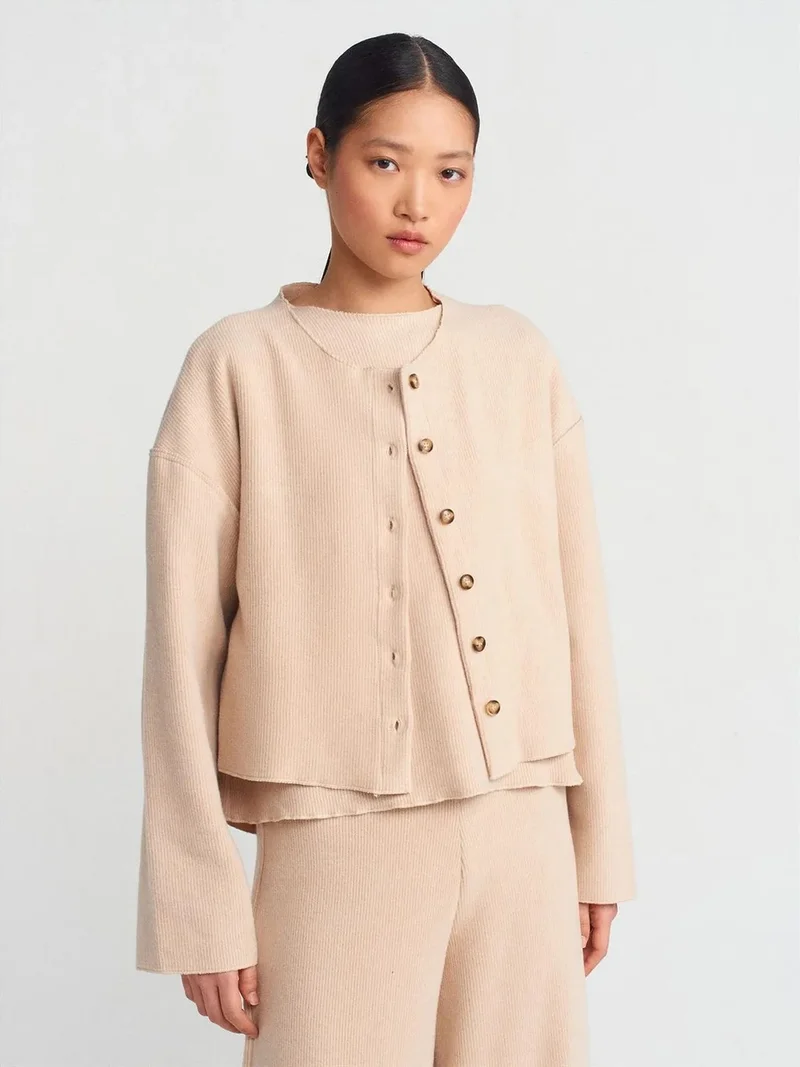 ديلفين Dilvin Women's Ribbed Crew Neck Button Cardigan
