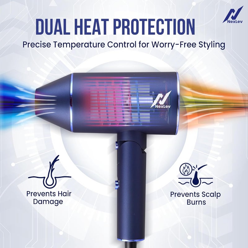 nexlev مجفف الشعر نكسلڤ جاست ستايل برو | 2100 واط لتجفيف سريع وسهل | تقنية حماية مزدوجة من الحرارة | 3 إعدادات حرارة ووظيفة نفخ بارد لتصفيف يشبه الصالون في المنزل (HD-01) - Image 5