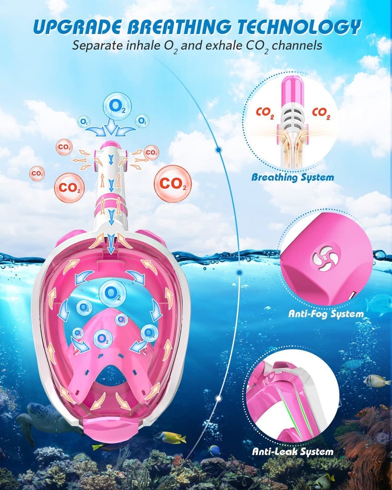 FEELING MALL Snorkel Mask Full Face, Full Face Snorkel Mask with Dry Top Breathing System, 180 Degree Panoramic View Snorkeling Gear Anti-Fog Anti-Leak with Camera Mount for Adults (Pink) - Image 4