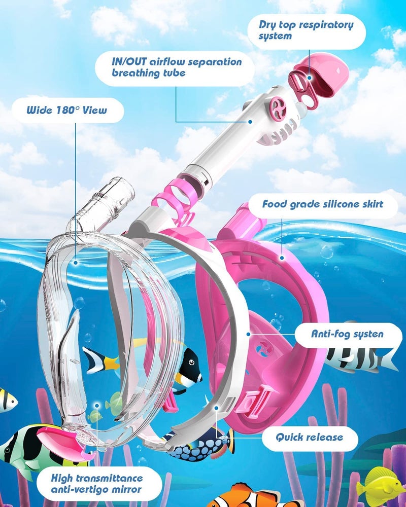 FEELING MALL Snorkel Mask Full Face, Full Face Snorkel Mask with Dry Top Breathing System, 180 Degree Panoramic View Snorkeling Gear Anti-Fog Anti-Leak with Camera Mount for Adults (Pink) - Image 3