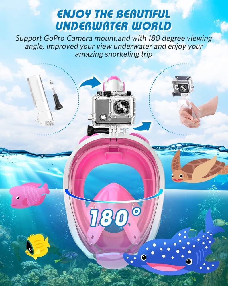 FEELING MALL Snorkel Mask Full Face, Full Face Snorkel Mask with Dry Top Breathing System, 180 Degree Panoramic View Snorkeling Gear Anti-Fog Anti-Leak with Camera Mount for Adults (Pink) - Image 2