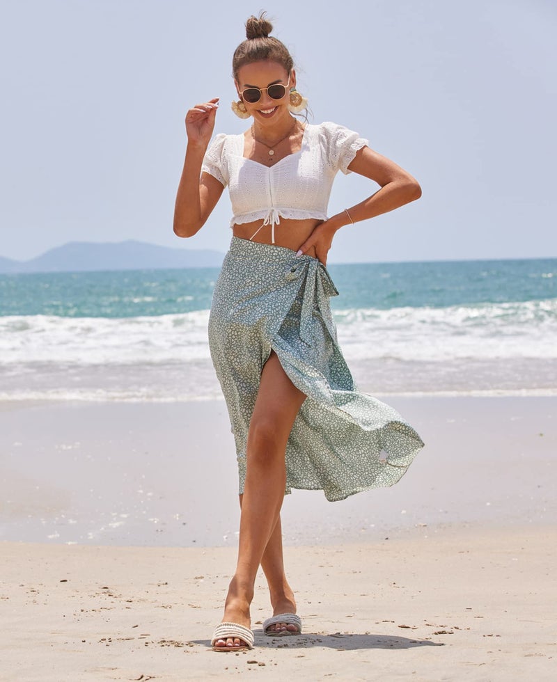 Newchoice Summer Skirts for Women Beach Long Wrap Around Floral Midi Skirt with Slit (L, T-Ligth Green) - Image 2