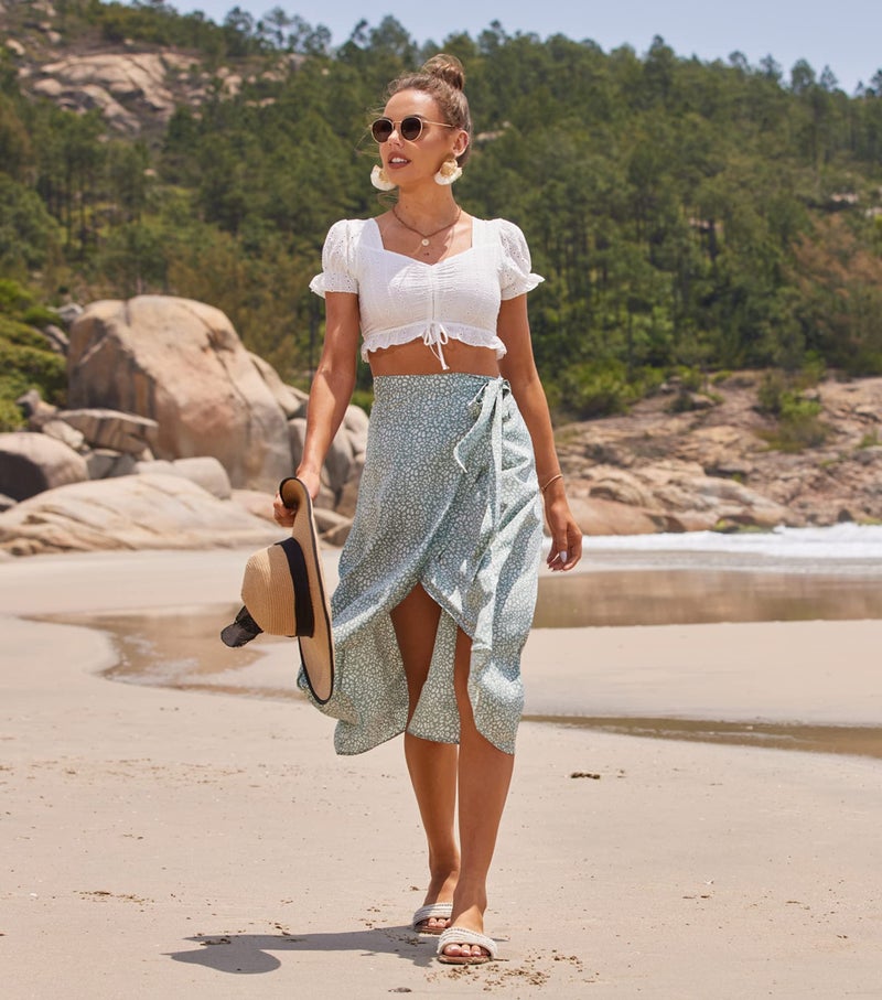 Newchoice Summer Skirts for Women Beach Long Wrap Around Floral Midi Skirt with Slit (L, T-Ligth Green) - Image 4