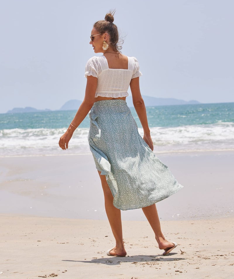 Newchoice Summer Skirts for Women Beach Long Wrap Around Floral Midi Skirt with Slit (L, T-Ligth Green) - Image 3