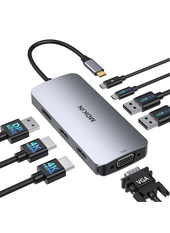 USB C Docking Station Dual HDMI, MOKiN Docking Station 3 Monitors, Displayport, VGA, 100W PD Charging, 2USB A 2.0, USB C 2.0 Ports Multiport Adapter, 8 in 1 USB Hub for Dell, HP, Lenovo Thinkpad