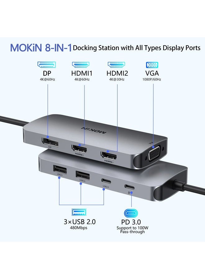 Mokin USB C Docking Station Dual HDMI, MOKiN Docking Station 3 Monitors, Displayport, VGA, 100W PD Charging, 2USB A 2.0, USB C 2.0 Ports Multiport Adapter, 8 in 1 USB Hub for Dell, HP, Lenovo Thinkpad - Image 2