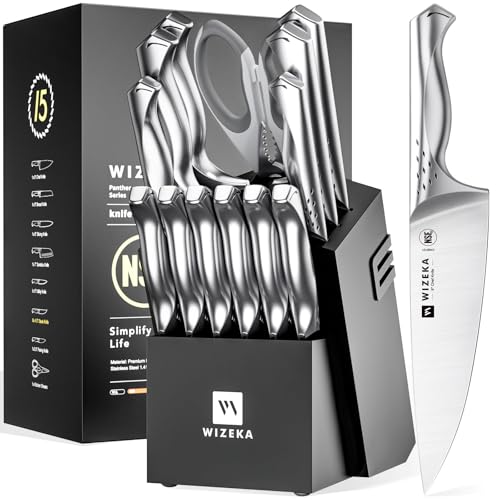 WIZEKA Kitchen Knife Set with Block: Razor Sharp 15 Pcs Professional Chef Knife Set with Knife Sharpener, Food Grade German Stainless Steel Knife Block Set, Jaguar Series - Image 1