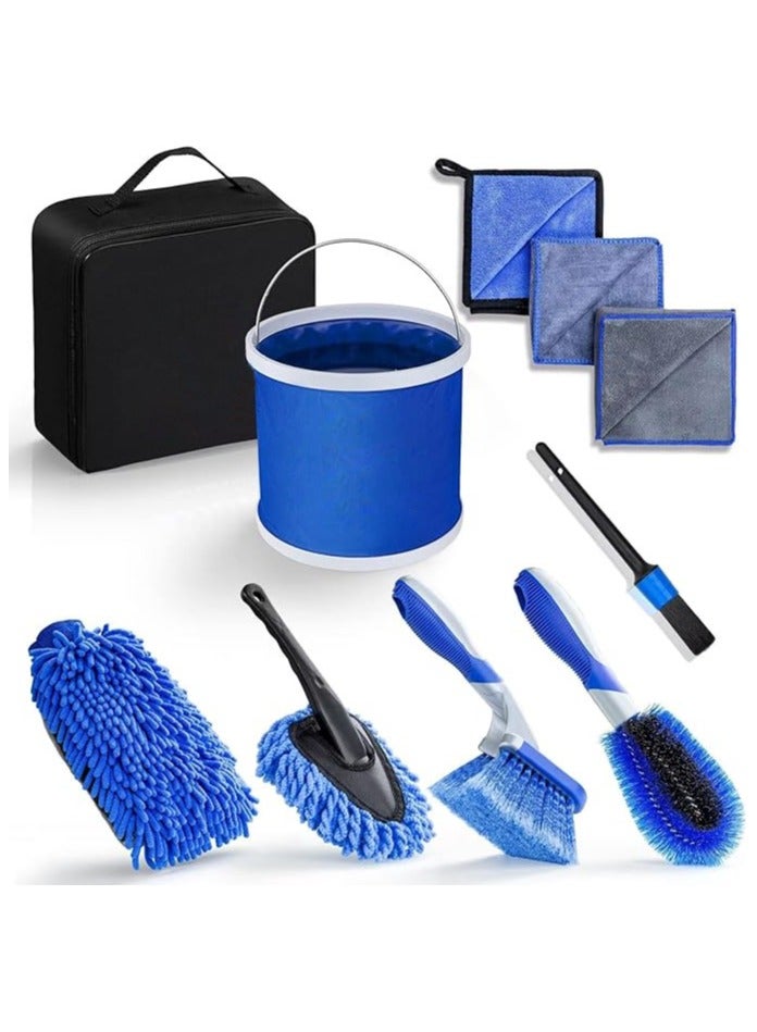 Soofam Car Wash Detailing Kit Cleaning Kits with Bag Collapsible Bucket Wash Mitt Sponge Towels Tire Brush Window Scraper Complete Interior Exterior Car Washing Supply Set Blue - Image 1