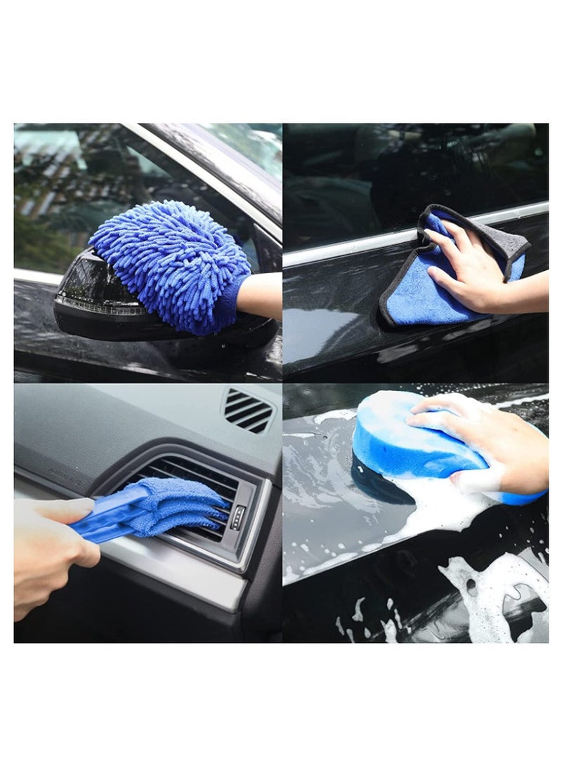 Soofam Car Wash Detailing Kit Cleaning Kits with Bag Collapsible Bucket Wash Mitt Sponge Towels Tire Brush Window Scraper Complete Interior Exterior Car Washing Supply Set Blue - Image 3