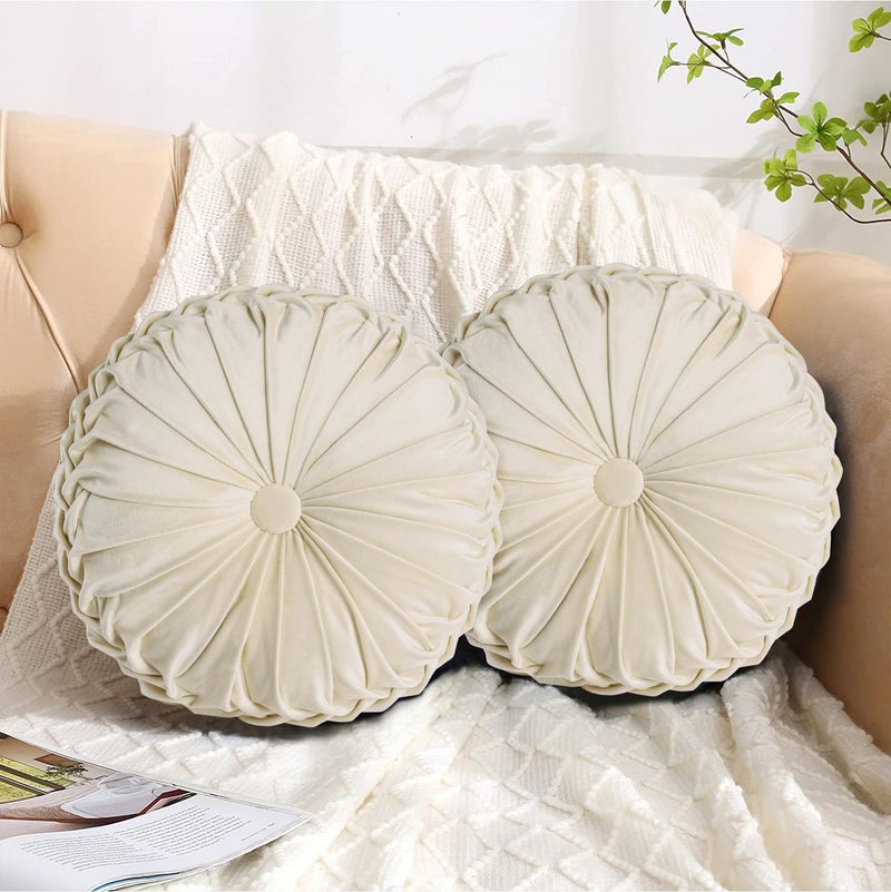 هاي جي HIG Set of 2 Decorative Round Pleated Throw Pillows,Classy Accent Pumpkin Throw Pillows with Center Button,Vintage Velvet Floor Pillows for Sofa Vanity Chair Bed, Beige,14.5 Diameter(Ripple) - Image 1