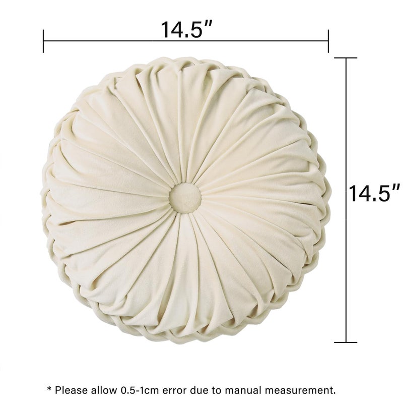 هاي جي HIG Set of 2 Decorative Round Pleated Throw Pillows,Classy Accent Pumpkin Throw Pillows with Center Button,Vintage Velvet Floor Pillows for Sofa Vanity Chair Bed, Beige,14.5 Diameter(Ripple) - Image 4