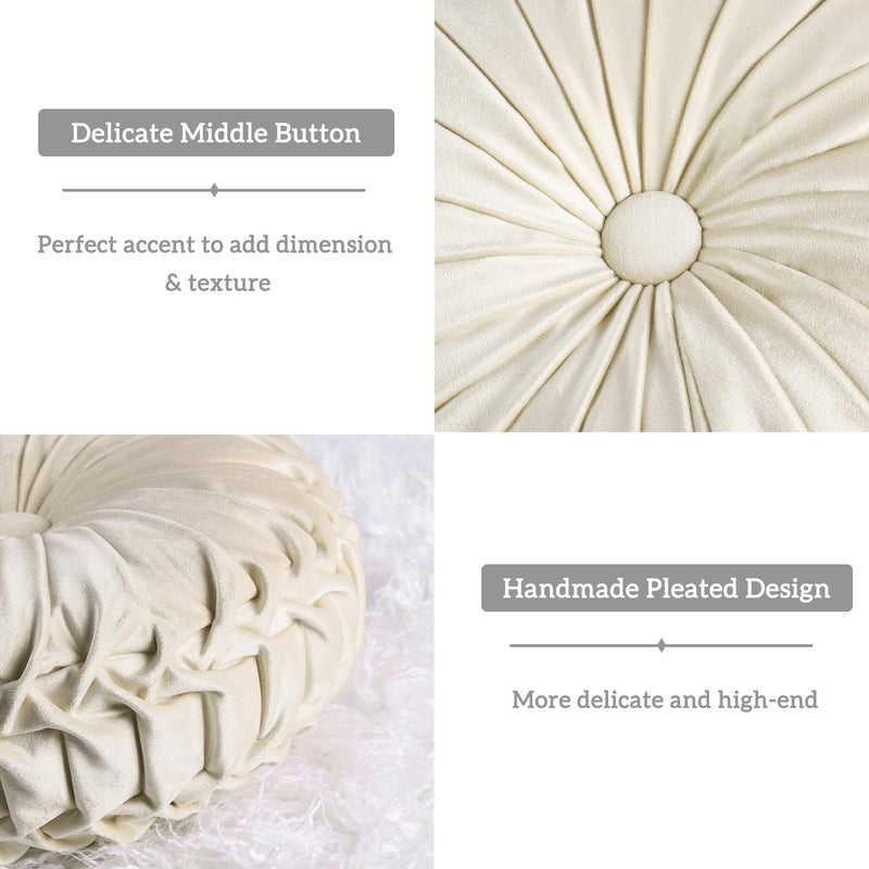 هاي جي HIG Set of 2 Decorative Round Pleated Throw Pillows,Classy Accent Pumpkin Throw Pillows with Center Button,Vintage Velvet Floor Pillows for Sofa Vanity Chair Bed, Beige,14.5 Diameter(Ripple) - Image 3