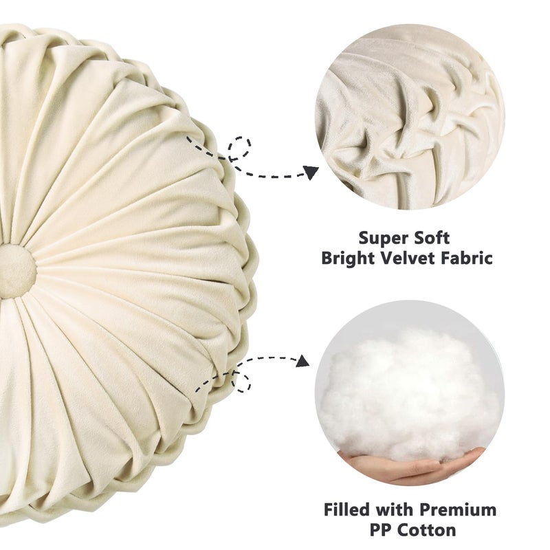 هاي جي HIG Set of 2 Decorative Round Pleated Throw Pillows,Classy Accent Pumpkin Throw Pillows with Center Button,Vintage Velvet Floor Pillows for Sofa Vanity Chair Bed, Beige,14.5 Diameter(Ripple) - Image 2