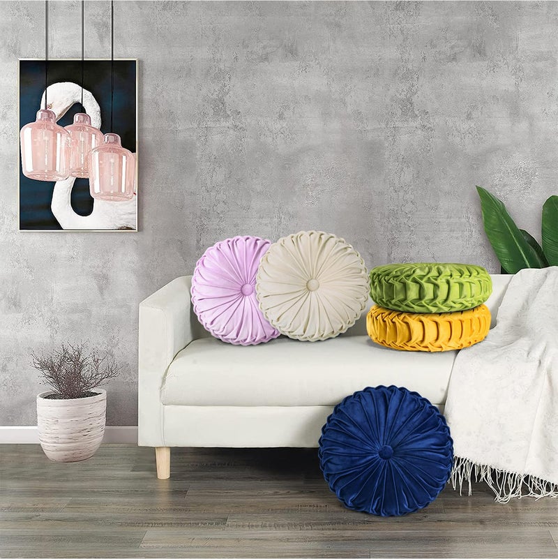 هاي جي HIG Set of 2 Decorative Round Pleated Throw Pillows,Classy Accent Pumpkin Throw Pillows with Center Button,Vintage Velvet Floor Pillows for Sofa Vanity Chair Bed, Beige,14.5 Diameter(Ripple) - Image 5