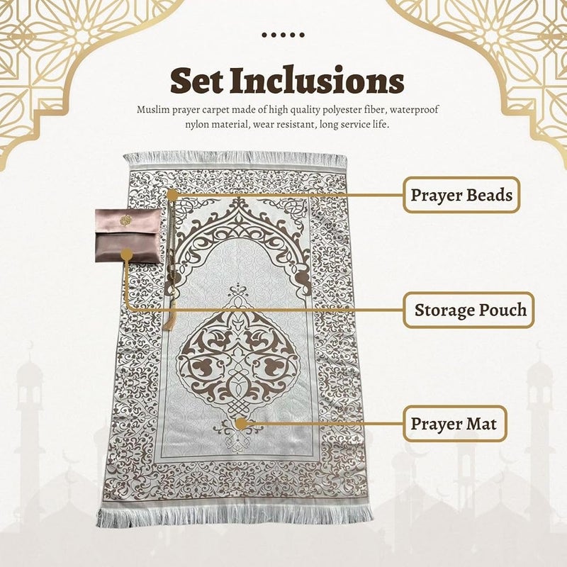 Home Smart Prayer Mat with Prayer Beads and Storage Pouch Portable Mat for Travel Ramadan Ideal Gift for Men and Women (Purple) - Image 3