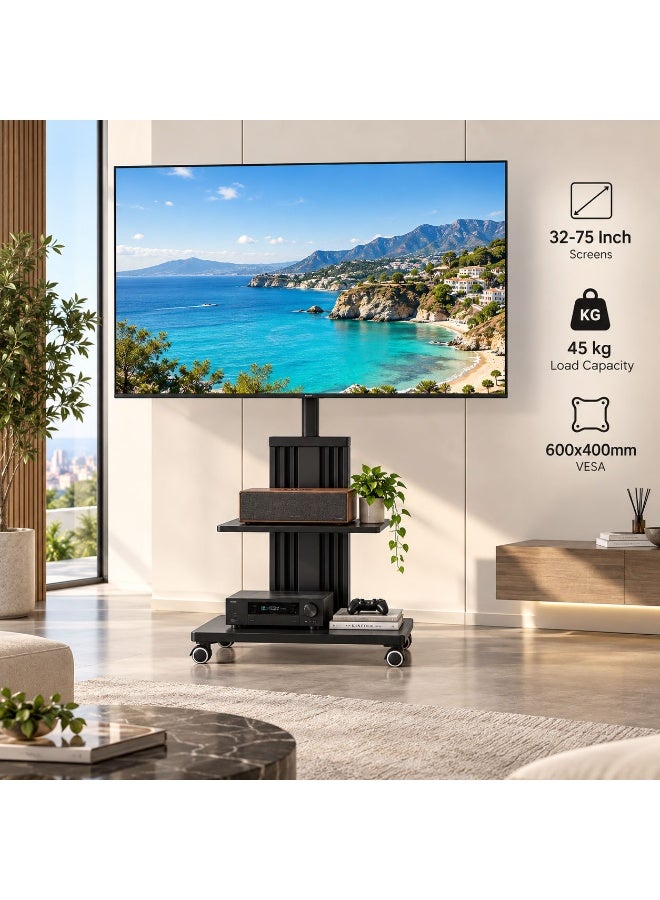 BEETEC Mobile TV Stand with Wheels, Height Adjustable Rolling TV Cart for 32-75 Inch Screens, Load Capacity 45kg, VESA 600x400mm, Sturdy Frame with Shelf for Home, Office & Conference | TF-FS3275B - Image 2