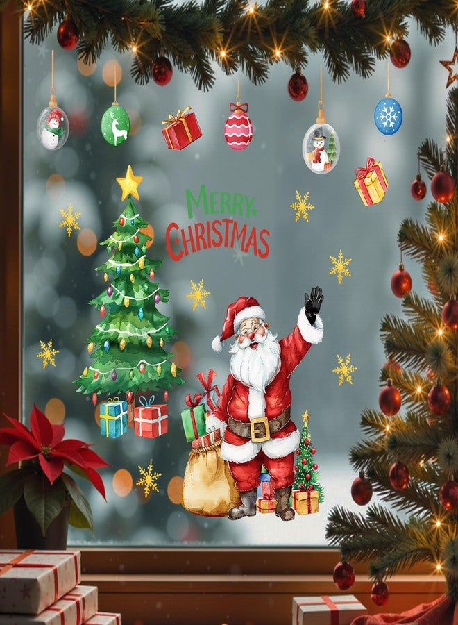 Mfault Merry Christmas Santa Claus Window Clings, Xmas Tree Gifts Ball Gold Snowflake Stickers Decals Decorations, Winter Holiday Home Kitchen Decor - Image 2