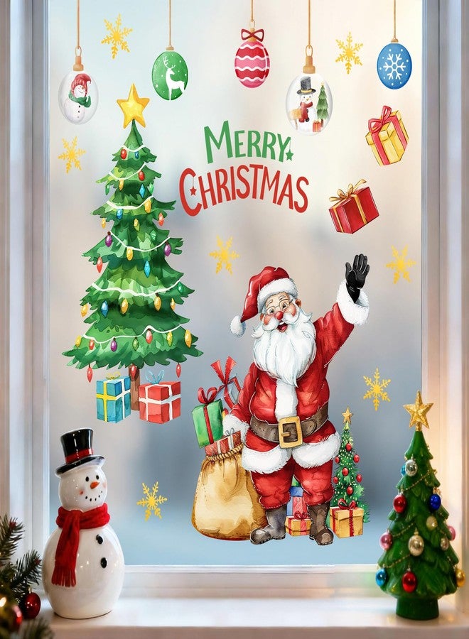Mfault Merry Christmas Santa Claus Window Clings, Xmas Tree Gifts Ball Gold Snowflake Stickers Decals Decorations, Winter Holiday Home Kitchen Decor - Image 1