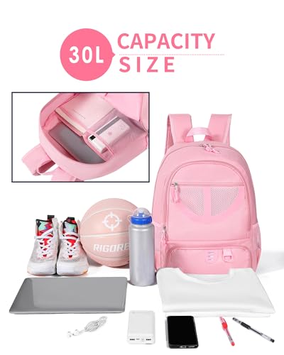 TRAILKICKER Basketball Bag Backpack for Women with Ball & Shoes Compartment 30L Capacity Lightweight Breathable Girls Soccer Ball Bag Backpack Fit Volleyball Football Sports Travel School Gym Pink - Image 3
