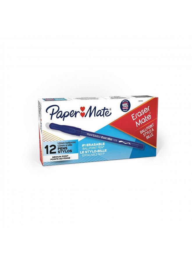 Paper Mate Paper Mate EraserMate Erasable Pen, Medium Point, Blue, Box of 12  - Image 1