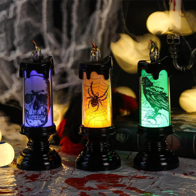 Eldnacele Halloween Flameless Candle Lamp Battery Operated with Remote and Timer, Spooky Horror Skull Crow Spider Decals LED Candle Lights Indoor Home Decor Candles Set of 3, 2.8" D x 7.8" H - Image 2
