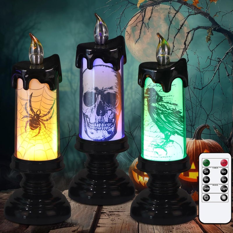 Eldnacele Halloween Flameless Candle Lamp Battery Operated with Remote and Timer, Spooky Horror Skull Crow Spider Decals LED Candle Lights Indoor Home Decor Candles Set of 3, 2.8" D x 7.8" H - Image 1