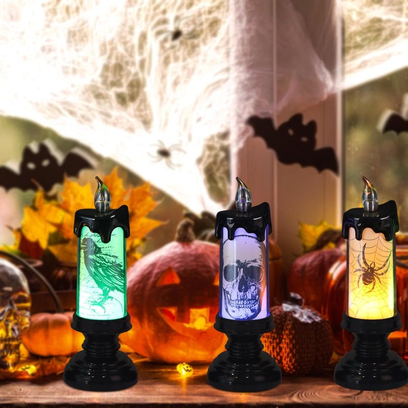 Eldnacele Halloween Flameless Candle Lamp Battery Operated with Remote and Timer, Spooky Horror Skull Crow Spider Decals LED Candle Lights Indoor Home Decor Candles Set of 3, 2.8" D x 7.8" H - Image 5