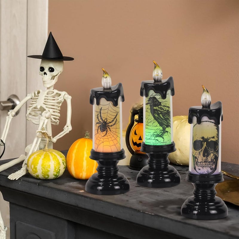 Eldnacele Halloween Flameless Candle Lamp Battery Operated with Remote and Timer, Spooky Horror Skull Crow Spider Decals LED Candle Lights Indoor Home Decor Candles Set of 3, 2.8" D x 7.8" H - Image 4
