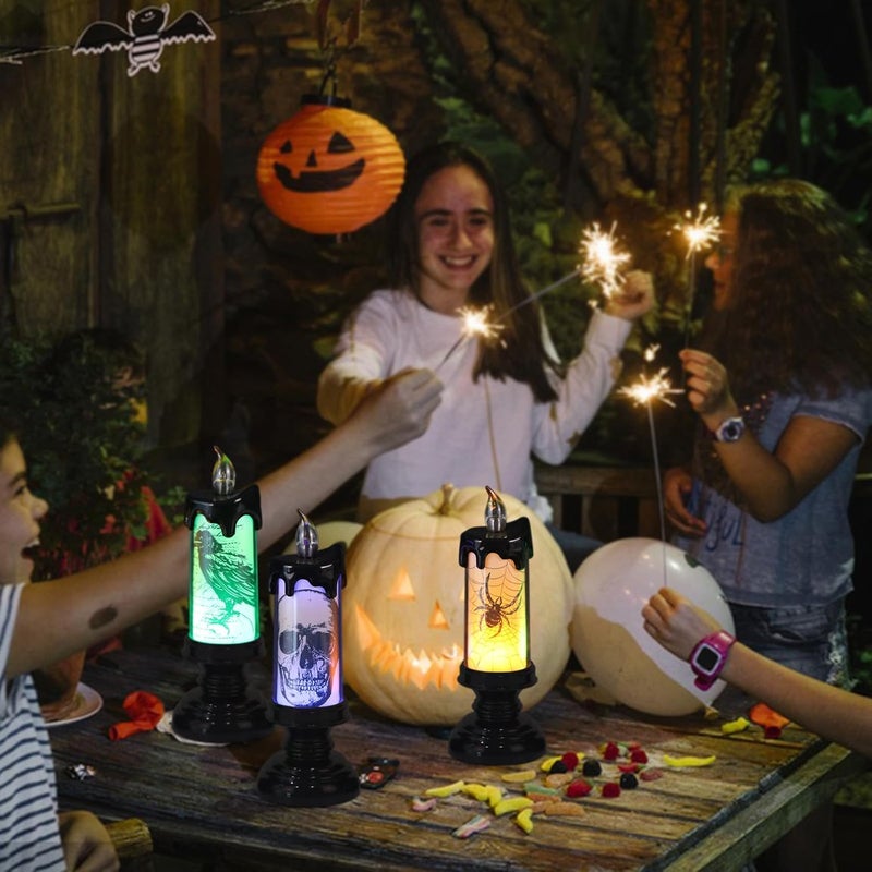 Eldnacele Halloween Flameless Candle Lamp Battery Operated with Remote and Timer, Spooky Horror Skull Crow Spider Decals LED Candle Lights Indoor Home Decor Candles Set of 3, 2.8" D x 7.8" H - Image 3