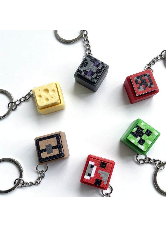 general Blocky keycap keychains, 6 mixed designs, press-to-depress, fingertip toy, student backpack charm, Minecraft game peripheral. - Image 1