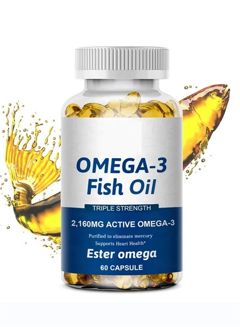 أوميغا 3 زيت السمك ، قوة ثلاثية ، 2160 ملغ نشط أوميغا 3 ، الدهون الثلاثية EPA و DHA | دعم القلب والدماغ والمفصل - دعم Ardiovascular ، وصيانة زيت القلب والدماغ الطبيعي ، 60 كبسولة - Image 1