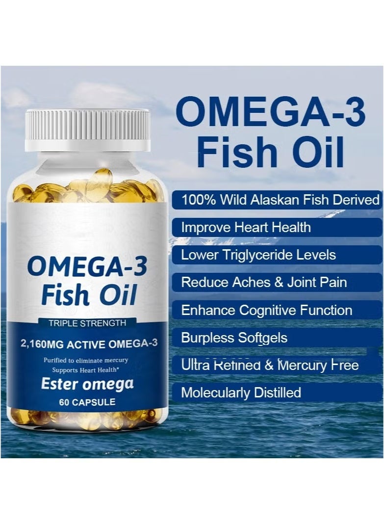 أوميغا 3 زيت السمك ، قوة ثلاثية ، 2160 ملغ نشط أوميغا 3 ، الدهون الثلاثية EPA و DHA | دعم القلب والدماغ والمفصل - دعم Ardiovascular ، وصيانة زيت القلب والدماغ الطبيعي ، 60 كبسولة - Image 2