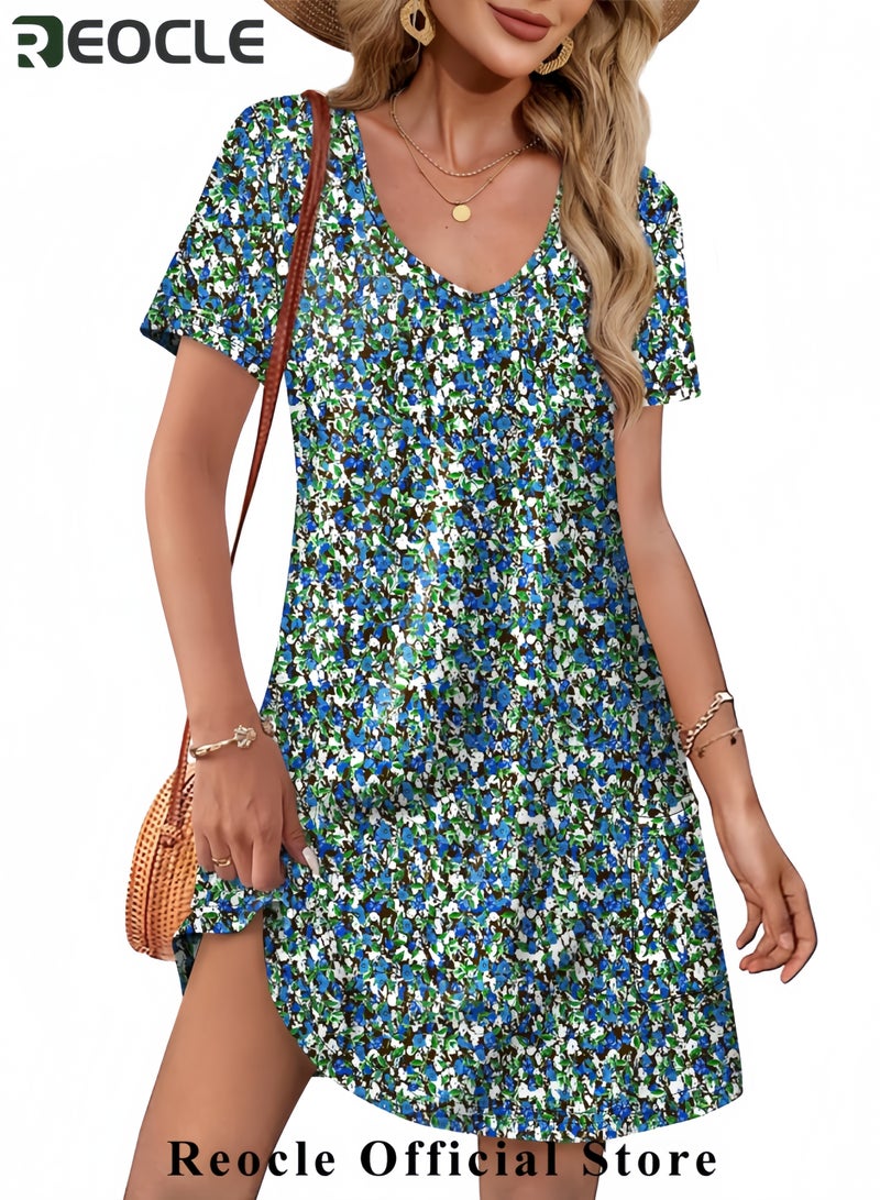 REOCLE Summer Dresses for Women 2025 Loose V Neck Short Sleeve Casual T Shirt Dress Sundresses Swimsuit Coverup with Pockets - Image 3