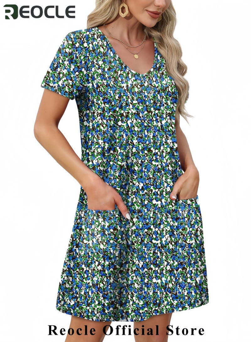 REOCLE Summer Dresses for Women 2025 Loose V Neck Short Sleeve Casual T Shirt Dress Sundresses Swimsuit Coverup with Pockets - Image 4
