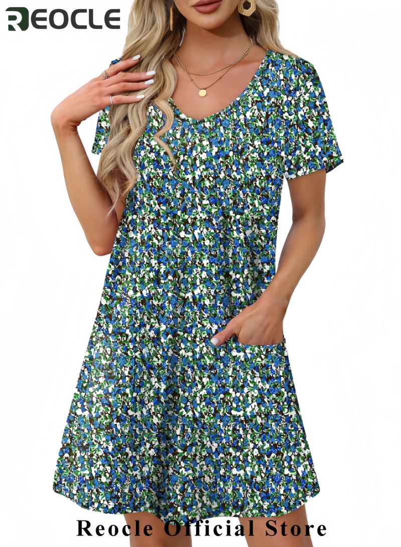 REOCLE Summer Dresses for Women 2025 Loose V Neck Short Sleeve Casual T Shirt Dress Sundresses Swimsuit Coverup with Pockets - Image 2