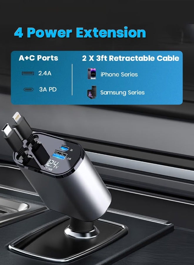 جوي لينك شاحن سيارة سريع 120 واط 12/24 فولت مع كابل شحن قابل للسحب، محول طاقة سيارة PD20W لهواتف iPhone وType-C، شاحن USB للسيارة 40 واط متوافق مع iPhone وSamsung وGalaxy وHuawei وXiaomi. - Image 2