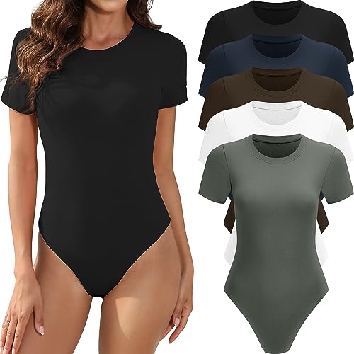 MLYENX 5 Pack Body Suits for Womens Short Sleeve Round Neck Casual Stretchy Basic T Shirt Bodysuit Tops M - Image 5