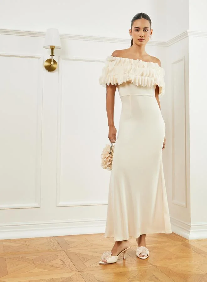 Styli Cream Off-Shoulder Bodycon Maxi Dress