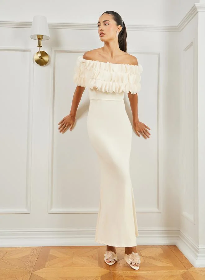 Cream Off-Shoulder Bodycon Maxi Dress