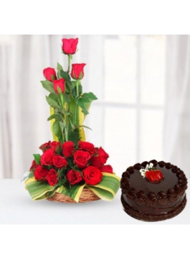 Carmel Flowers 25 Red Roses Basket  With Cake