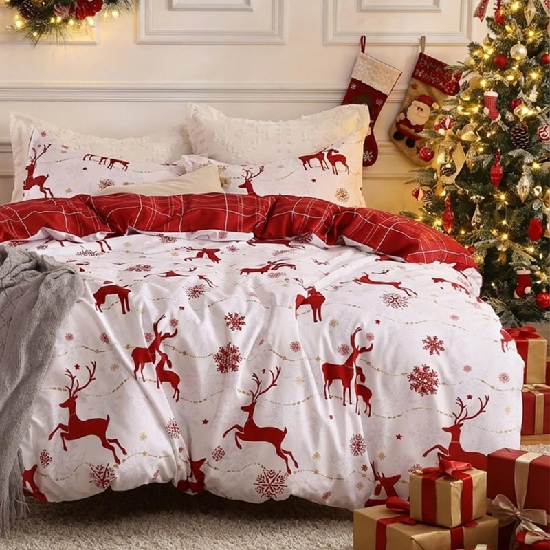 CAROMIO Christmas Duvet Cover King Reversible Printed Comforter Cover Set Christmas Holiday Decorative Bedding Soft Microfiber Red Duvet 2 Pillow Shams Reindeer and Snowflake King